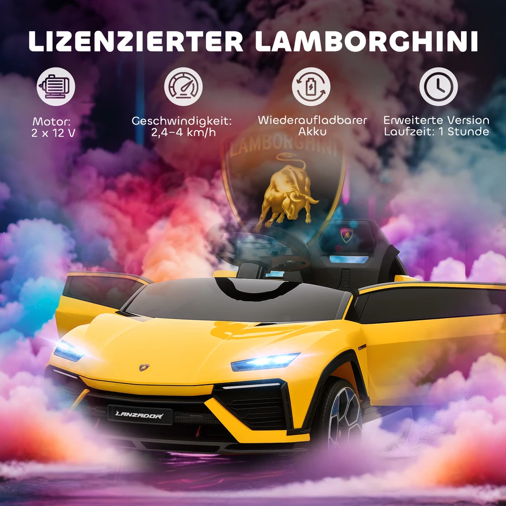 Aosom Vaikiškas elektrinis automobilis Lamborghini, 12 V, geltonas, 101,5 x 49 x 43 cm