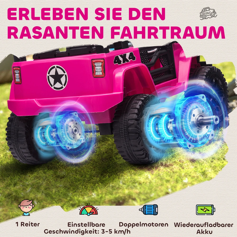 Koduva Vaikiškas elektrinis automobilis, 12V, su nuotolinio valdymo pultu, 2 varikliai, LED, garsinis signalas, rožinis, 100 x 65 x 72 cm