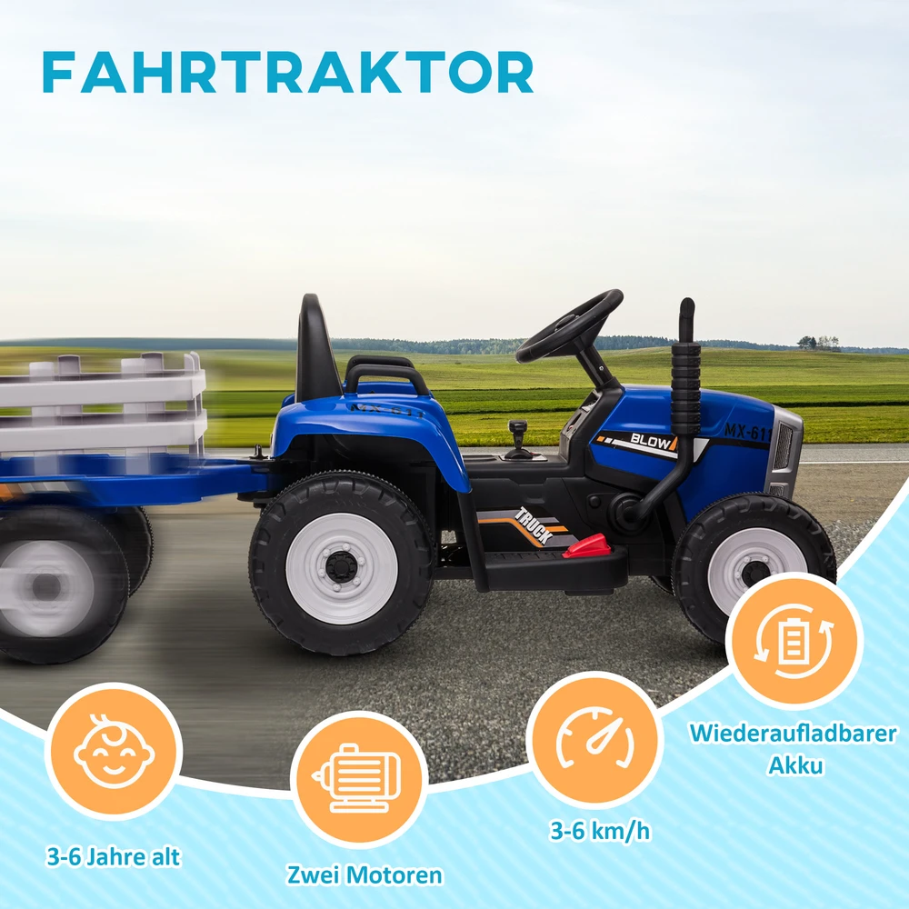 Aosom Vaikiškas elektrinis automobilis su priekaba, nuotolinio valdymo pultas, žibintai, 3-6 km/h, 3-6 metų, mėlynas