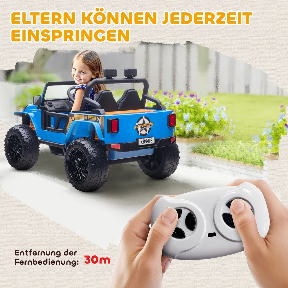 Aosom Vaikiškas elektrinis automobilis, 12V baterija, tėvų ir vaiko sėdynė, nuotolinis valdymas, muzika, garsinis signalas, LED šviesos, 3-8 m., mėlynas