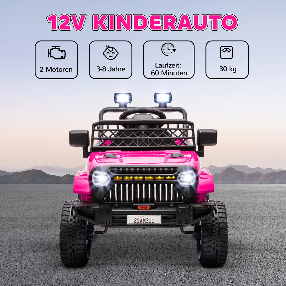 Aosom Vaikiškas elektrinis automobilis 12 V, rožinis, 2,4 GHz nuotolinio valdymo pultas, 2 varikliai, 95 x 62,5 x 65 cm