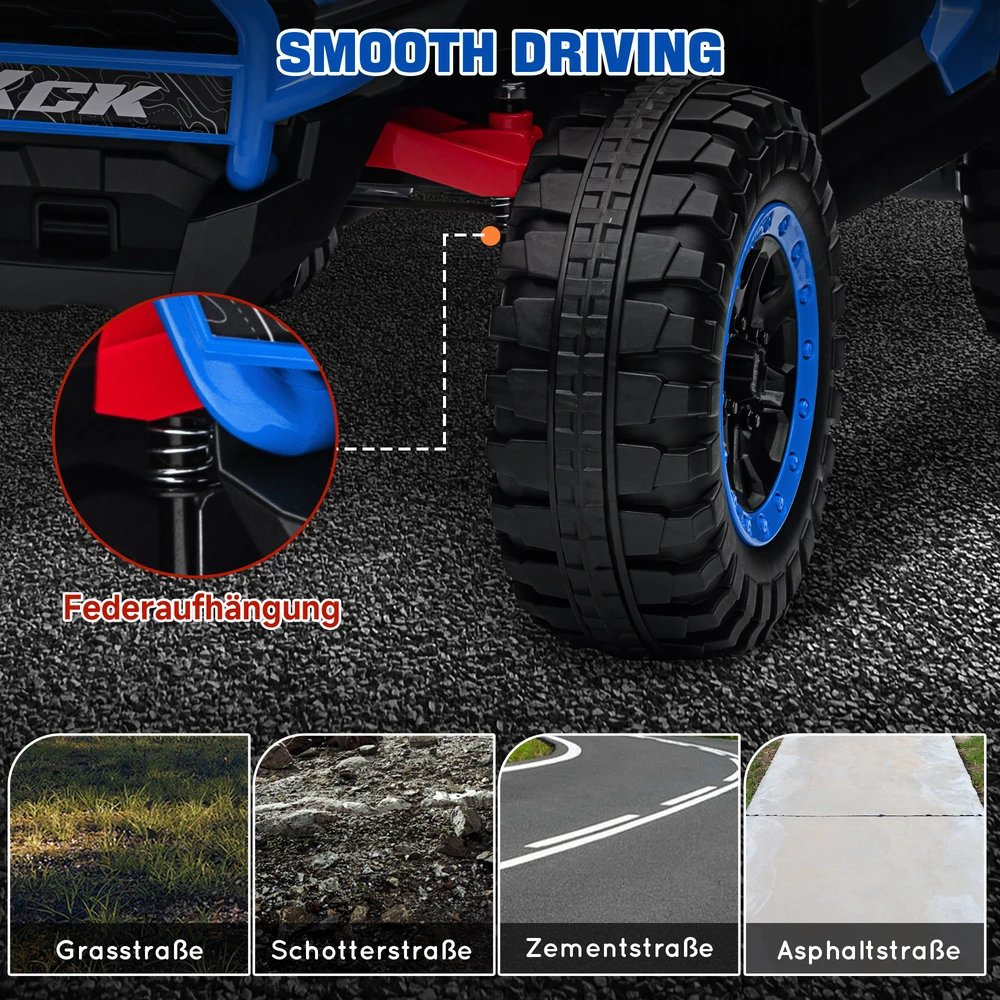 Aosom Vaikiškas elektrinis UTV, 5–7 km/h, 2 vietų, nuotolinio valdymo pultas, muzika, šviesos, mėlynas