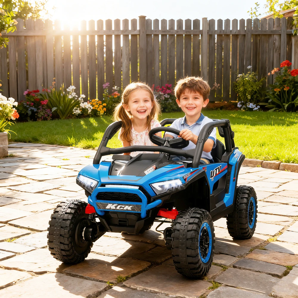 Aosom Vaikiškas elektrinis UTV, 5–7 km/h, 2 vietų, nuotolinio valdymo pultas, muzika, šviesos, mėlynas