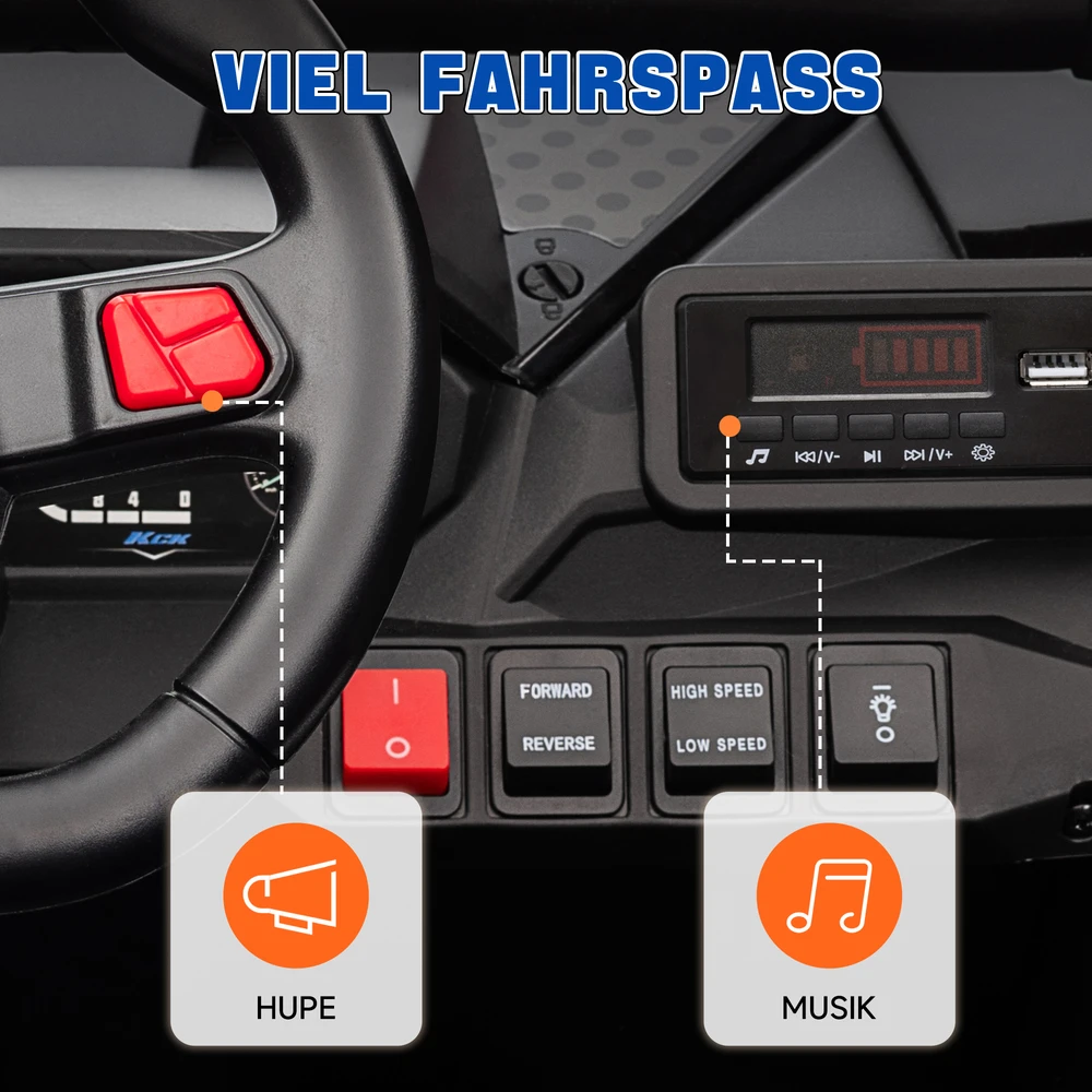 Aosom Vaikiškas elektrinis UTV, 5–7 km/h, 2 vietų, nuotolinio valdymo pultas, muzika, šviesos, mėlynas