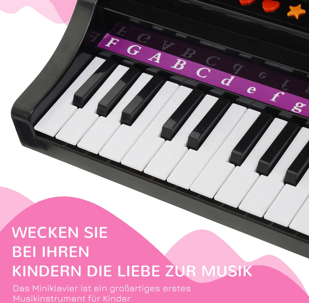 Aosom Vaikiškas elektroninis pianinas su 37 klavišais, kėdute ir mikrofonu, juodas, 48 x 39 x 69 cm