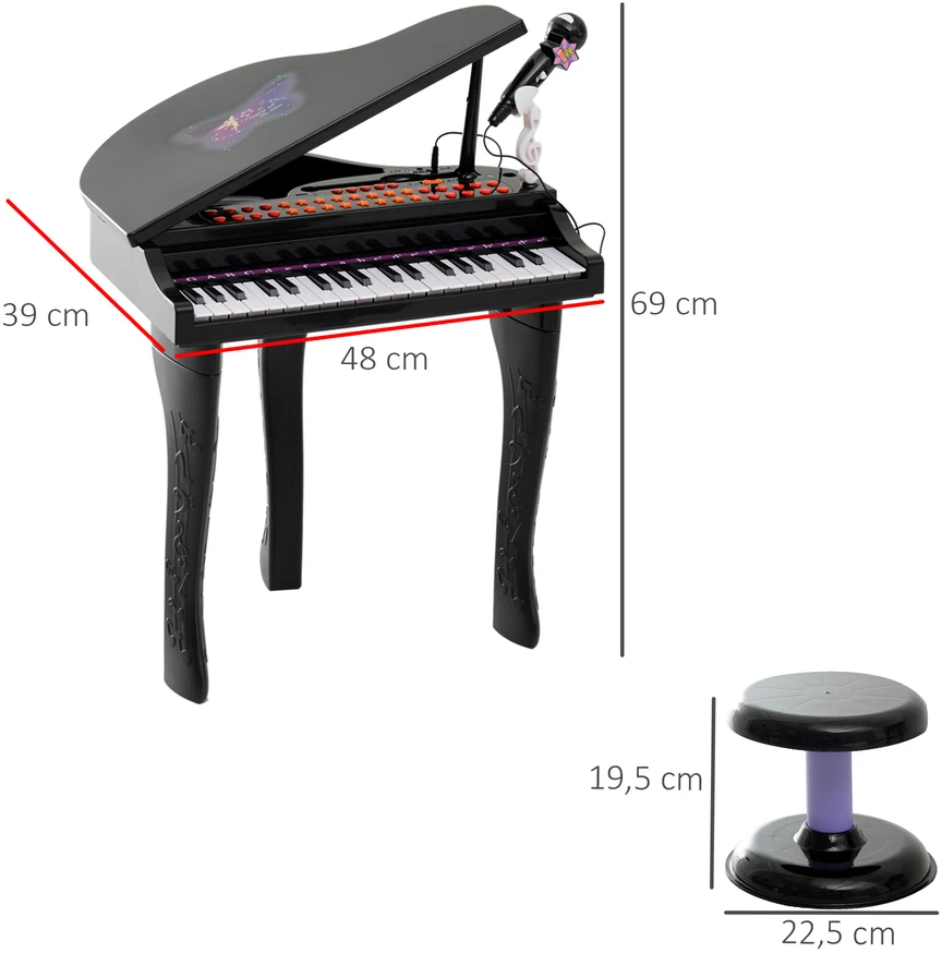 Aosom Vaikiškas elektroninis pianinas su 37 klavišais, kėdute ir mikrofonu, juodas, 48 x 39 x 69 cm