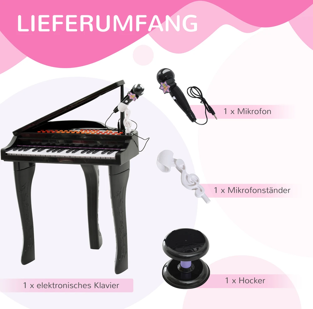 Aosom Vaikiškas elektroninis pianinas su 37 klavišais, kėdute ir mikrofonu, juodas, 48 x 39 x 69 cm