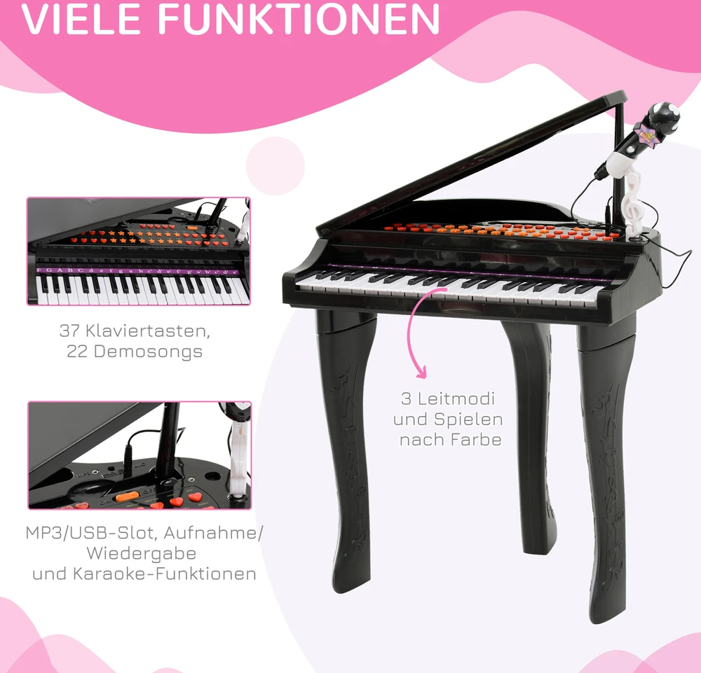 Aosom Vaikiškas elektroninis pianinas su 37 klavišais, kėdute ir mikrofonu, juodas, 48 x 39 x 69 cm