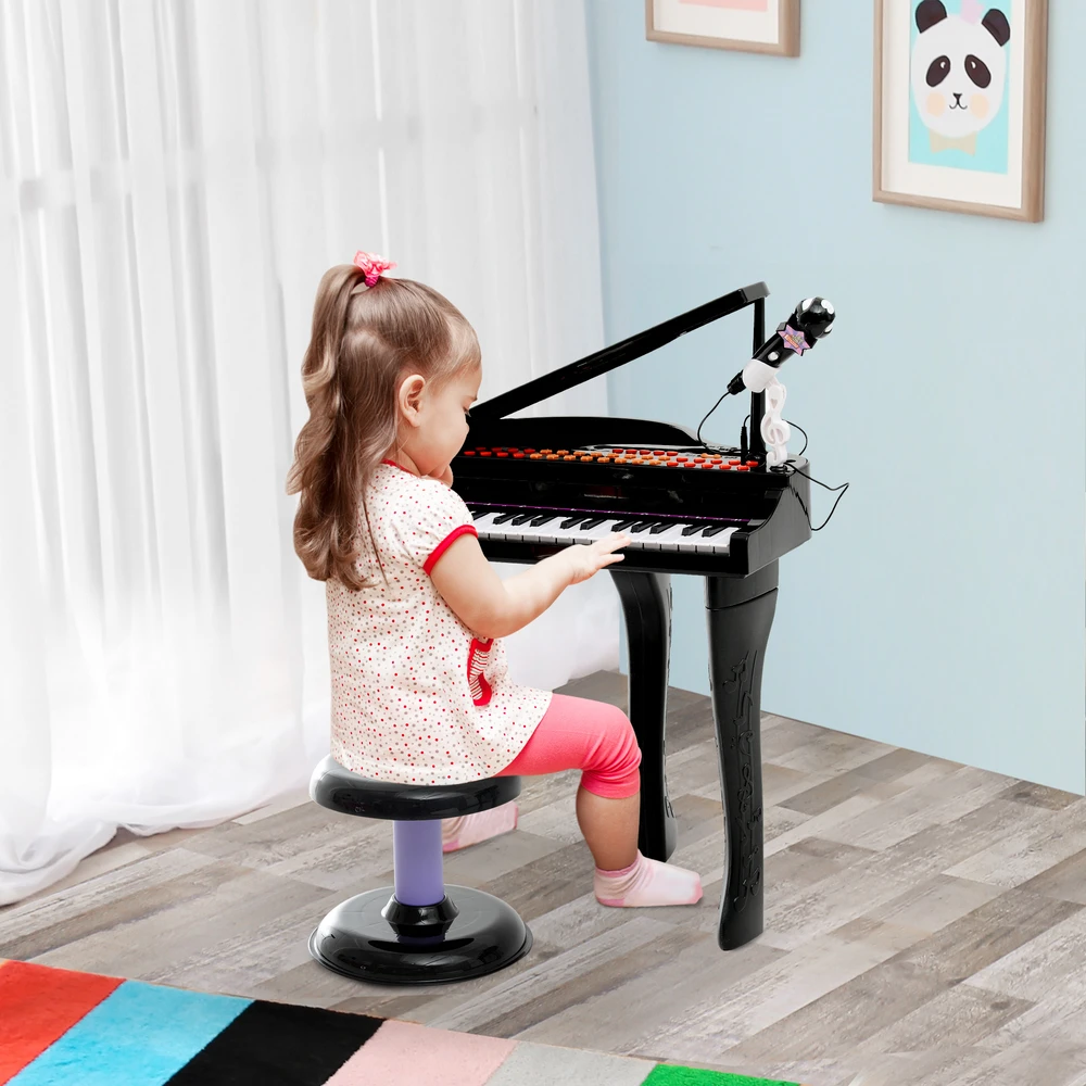 Aosom Vaikiškas elektroninis pianinas su 37 klavišais, kėdute ir mikrofonu, juodas, 48 x 39 x 69 cm
