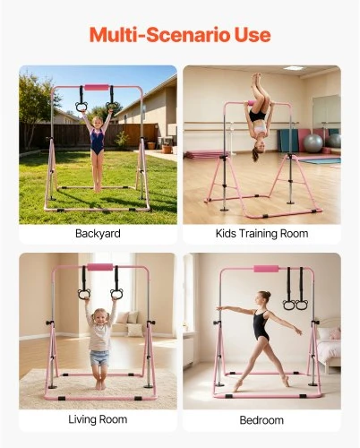 VEVOR Vaikiškas gimnastikos skersinis QT1892A, sulankstomas, reguliuojamo aukščio, rožinis, 150 x 108 x 135 cm