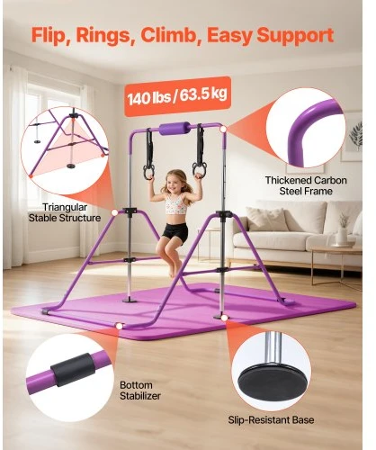 VEVOR Vaikiškas gimnastikos skersinis su kilimėliu, reguliuojamo aukščio, sulankstomas, 63,5kg, violetinis
