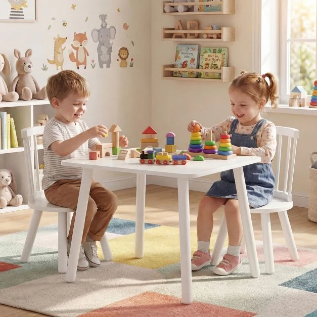 Promotion Vaikiškas medinis stalas ir kėdžių rinkinys 3 vnt su pušies rėmu baltas