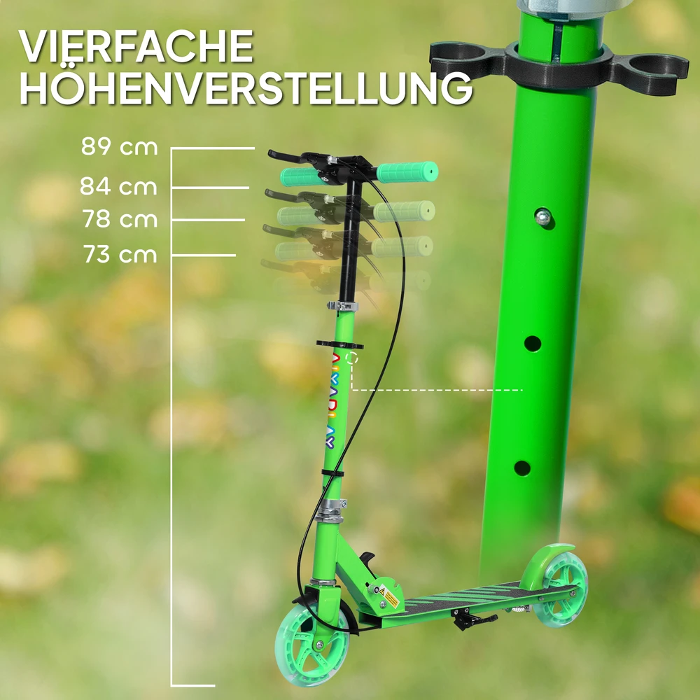 Aosom Vaikiškas paspirtukas, sulankstomas, dvigubi stabdžiai, metalinis rėmas, žalias, 73-89 cm