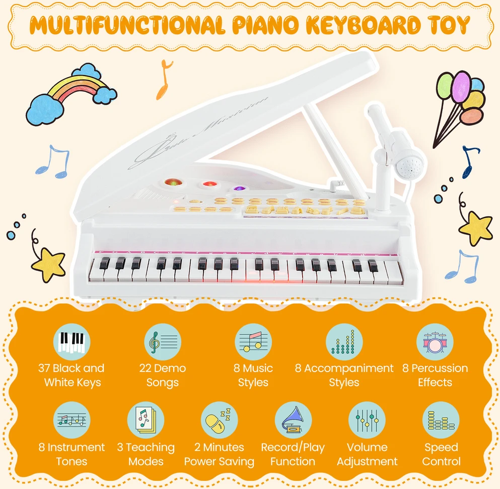 Promotion Vaikiškas pianino klavišinis instrumentas su kėdute ir dangčiu, baltas, 47 x 37 x 70 cm