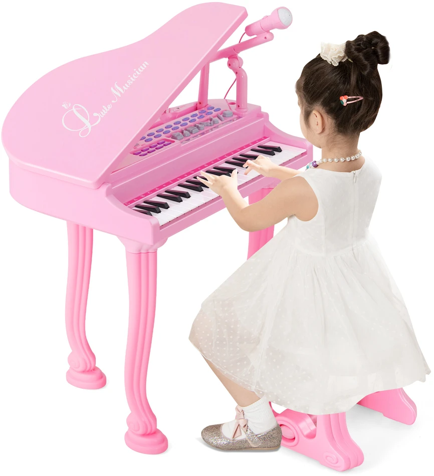 Promotion Vaikiškas pianino klavišinis instrumentas su kėdute ir dangčiu, 37 klavišai, rožinis, 47 x 37 x 70 cm