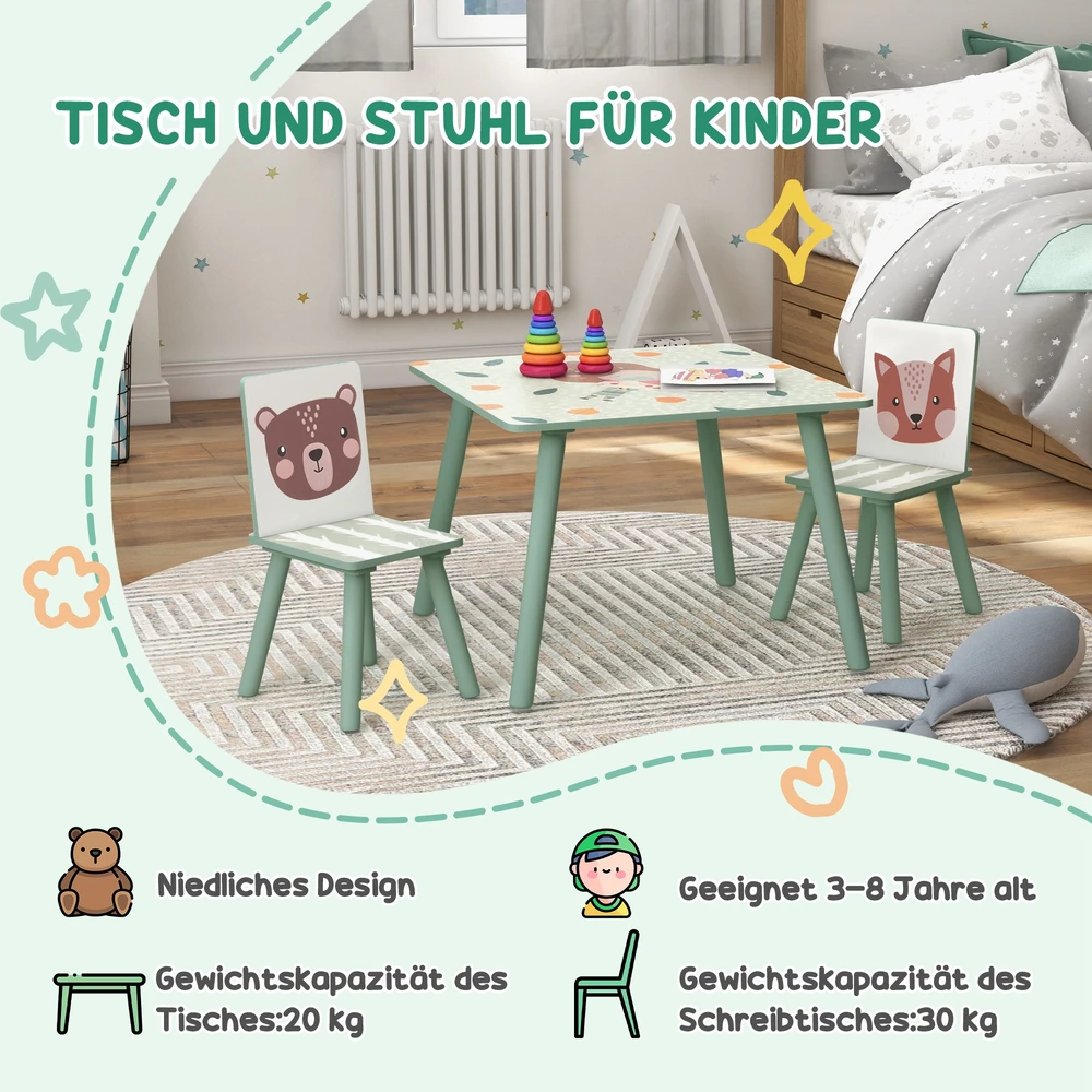 Aosom Vaikiškas staliukas ir 2 kėdės, žalias, 3–8 metų