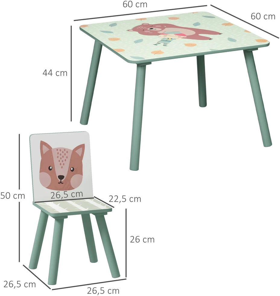 Aosom Vaikiškas staliukas ir 2 kėdės, žalias, 3–8 metų