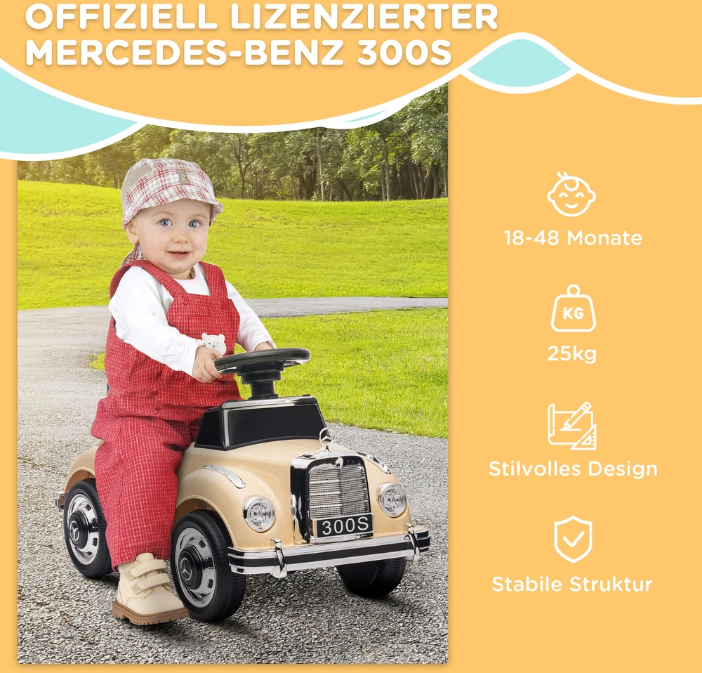 Aosom Vaikiškas stumiamas automobilis Mercedes-Benz 300S, smėlio spalvos, 77,5 x 41,5 x 45 cm