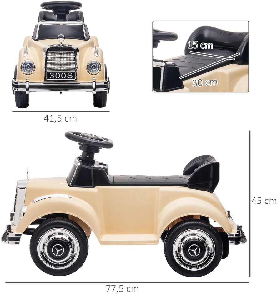 Aosom Vaikiškas stumiamas automobilis Mercedes-Benz 300S, smėlio spalvos, 77,5 x 41,5 x 45 cm