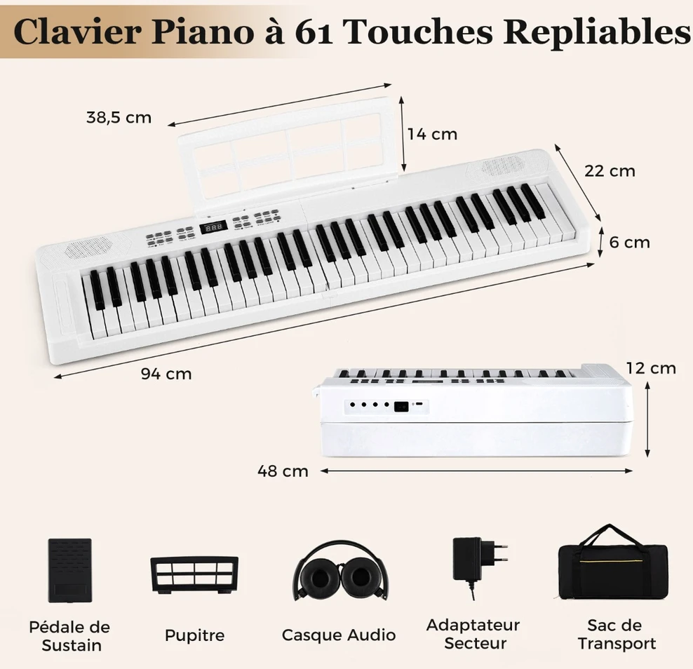 Promotion Vaikiškas sulankstomas 61 klavišų pianinas, baltas