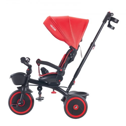 VEVOR Vaikiškas triratukas 6-in-1 su stūmimo rankena ir stogeliu, 1-5 m., raudonas/juodas, 97 x 54 x 80-98 cm