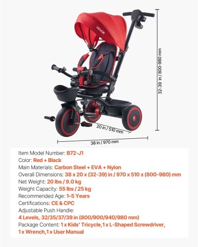 VEVOR Vaikiškas triratukas 6-in-1 su stūmimo rankena ir stogeliu, 1-5 m., raudonas/juodas, 97 x 54 x 80-98 cm