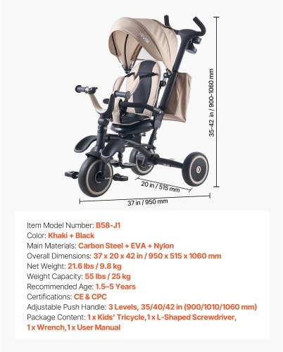 VEVOR Vaikiškas triratukas-vežimėlis B58-J1, 7-in-1, chaki ir juodas, 95 x 52 x 106 cm