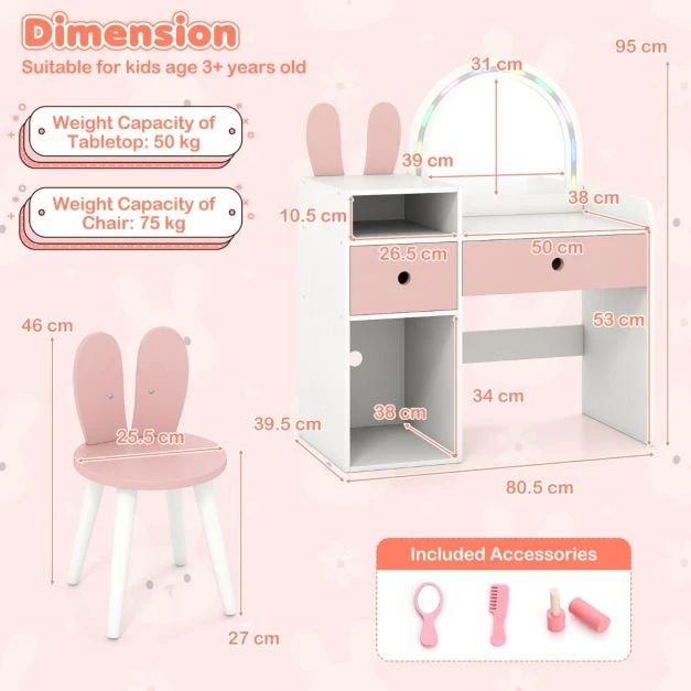 Promotion Vaikiškas tualetinis staliukas su švieselėmis, Princess Rabbit, baltas