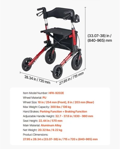 VEVOR Vaikštynė-rollatorius senjorams HFK-9202E su sėdyne, aliuminis, 72 x 72 x 84-97 cm, iki 136 kg