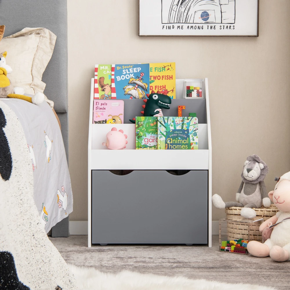 Promotion Vaikų 3 aukštų lentyna ir ratukais žaislų dėžė, pilka+balta