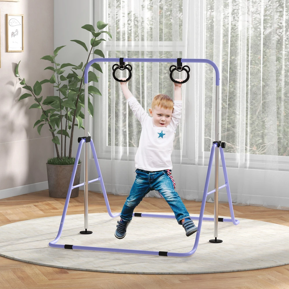 Aosom Vaikų gimnastikos skersinis su žiedais, reguliuojamas, sulankstomas, neslystantis, plienas, violetinis, 148 x 105 x 88-128 cm