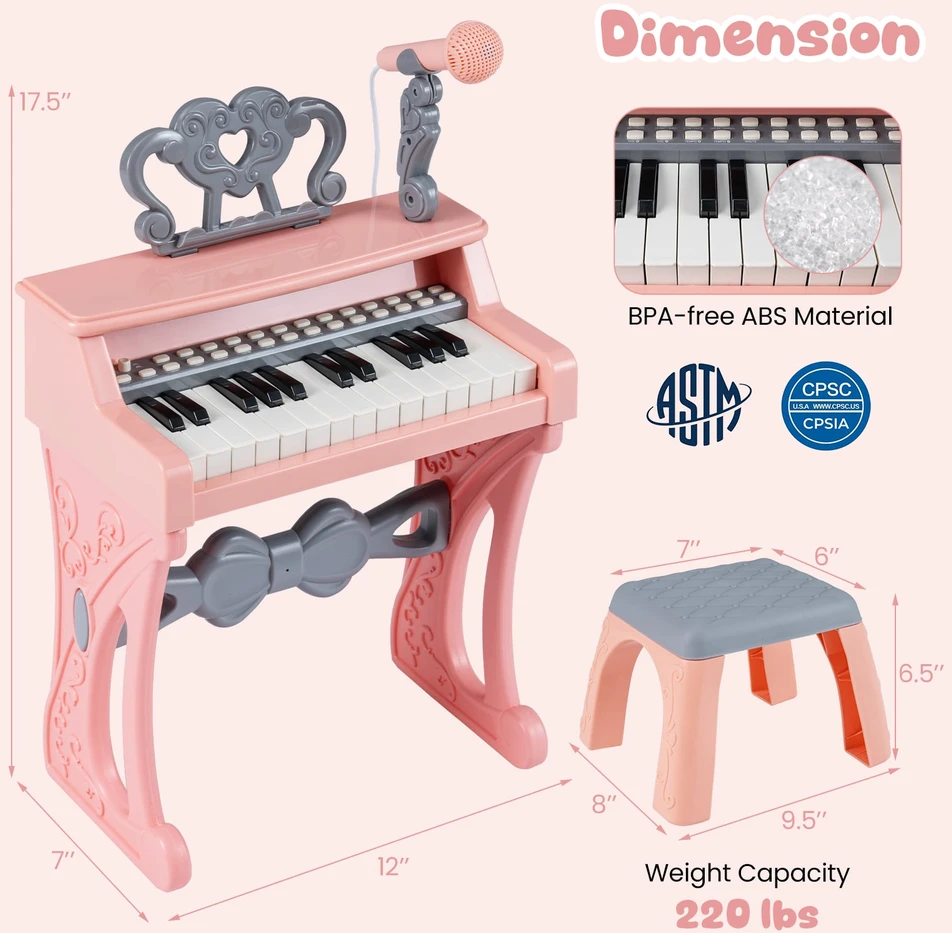 Promotion Vaikų Mini Pianinas 25 Klavišai Rožinis