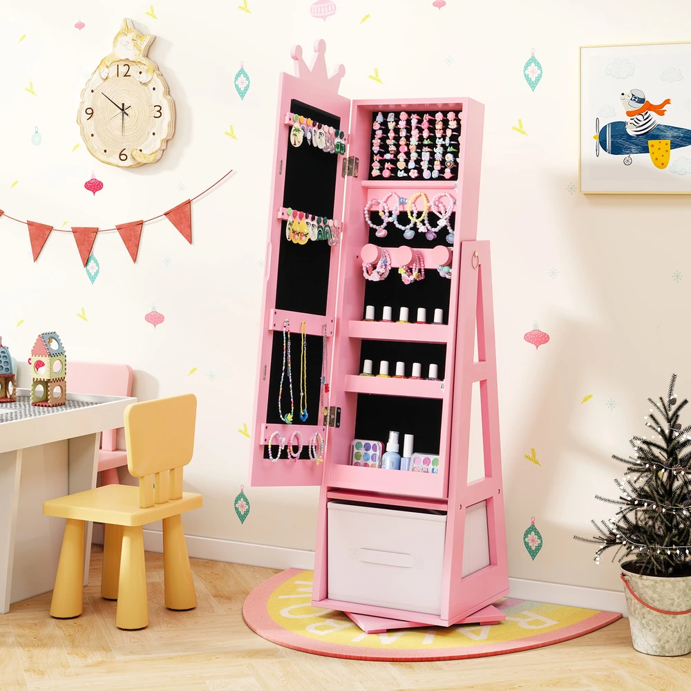 Promotion Vaikų Papuošalų Spintelė su Didele Talpa ir Sukamu Pagrindu Rožinė
