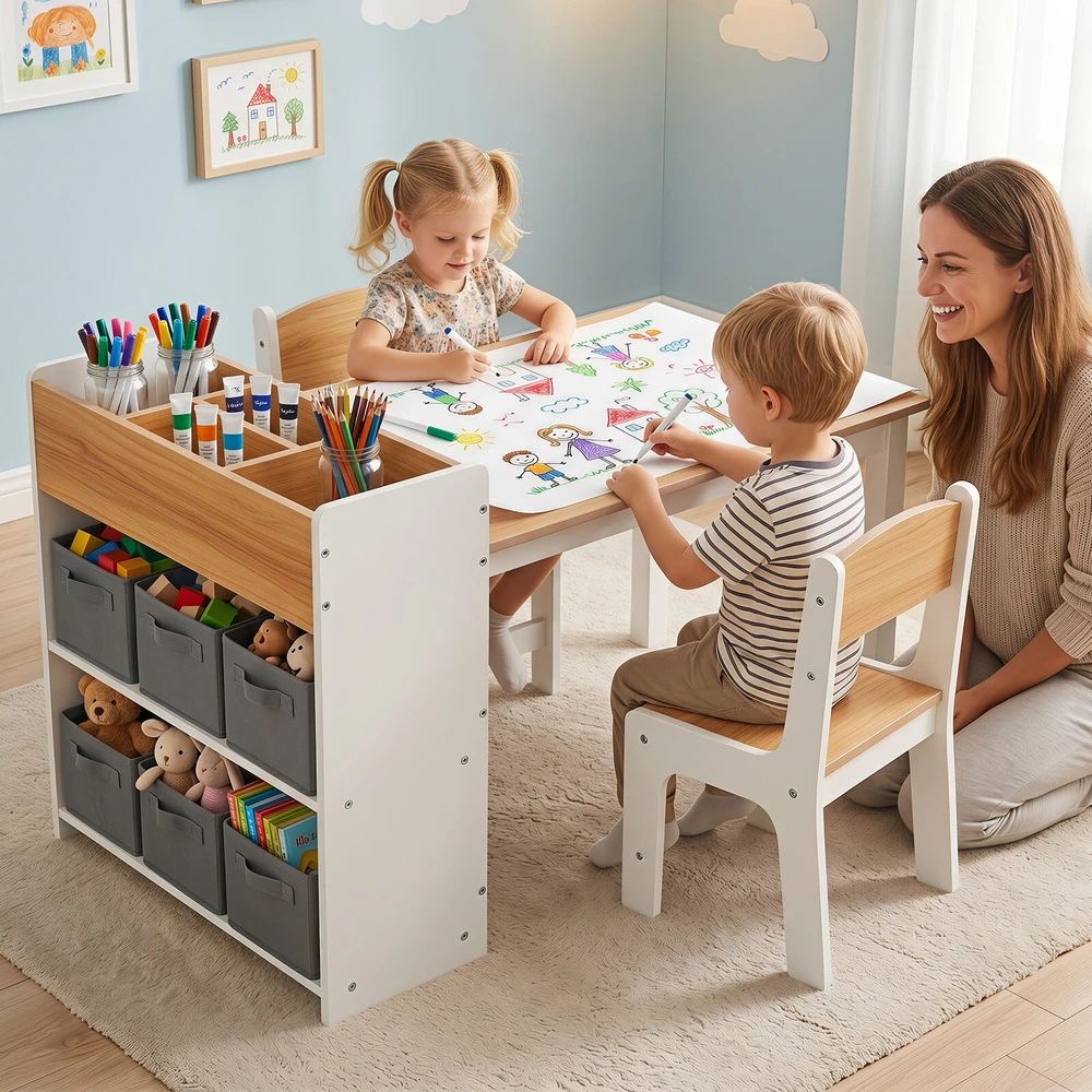 Promotion Vaikų stalas ir kėdės, 3 dalių rinkinys, balta ir natūrali