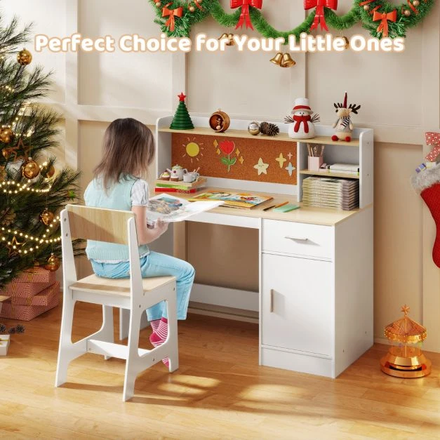 Promotion Vaikų studijų stalas ir kėdė, balta ir natūrali, rinkinys