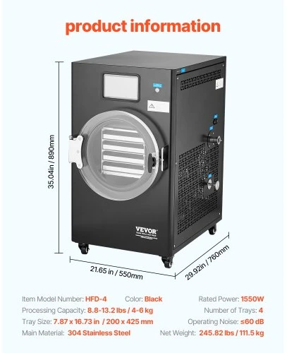 VEVOR Vakuuminė maisto liofilizavimo mašina HFD-4, 4 padėklai, 4-6kg partijai, juoda