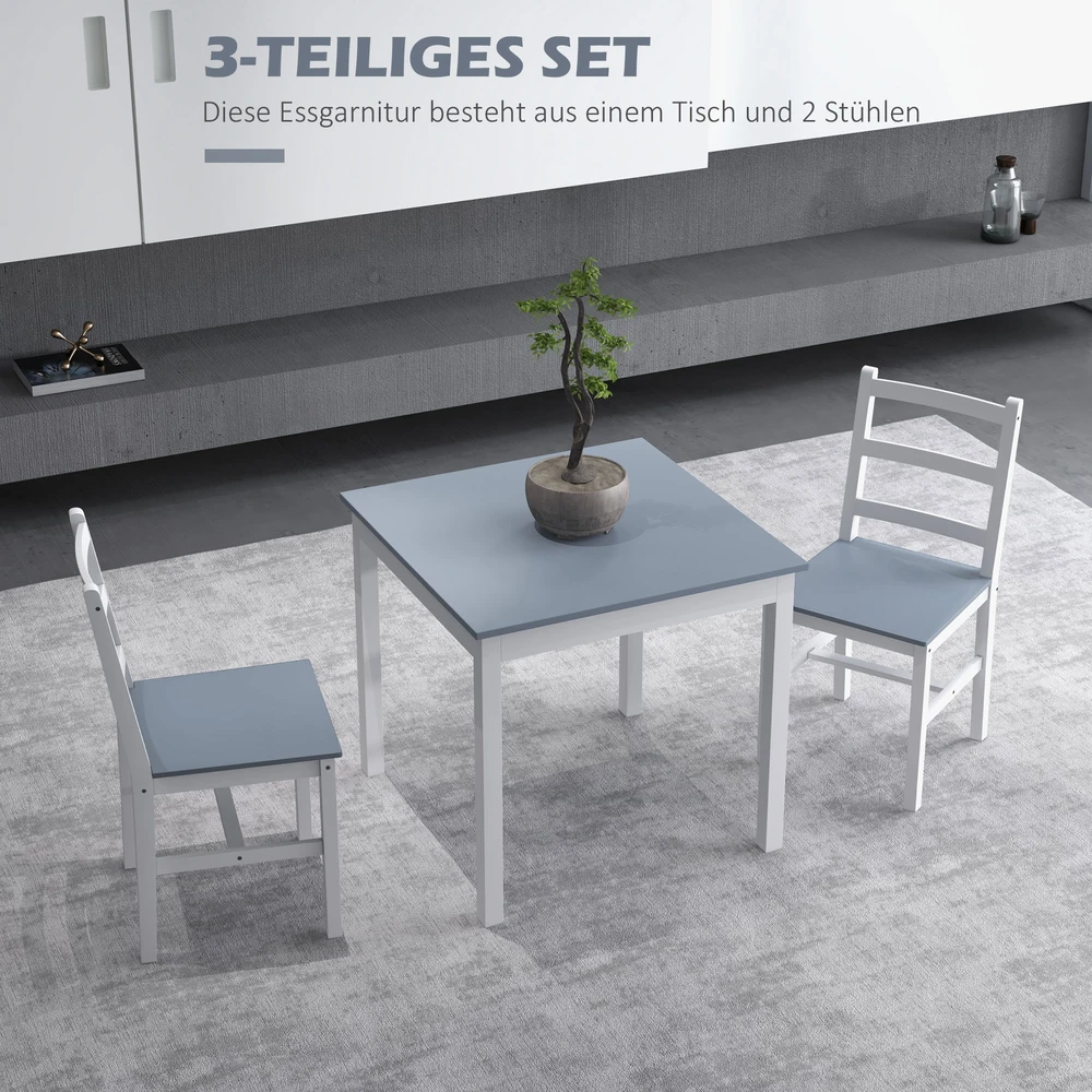 Aosom Valgomojo komplektas 2 asmenims, 3 dalių, 1 stalas, 2 kėdės, pušies mediena, pilka + balta, 75 x 75 x 75 cm