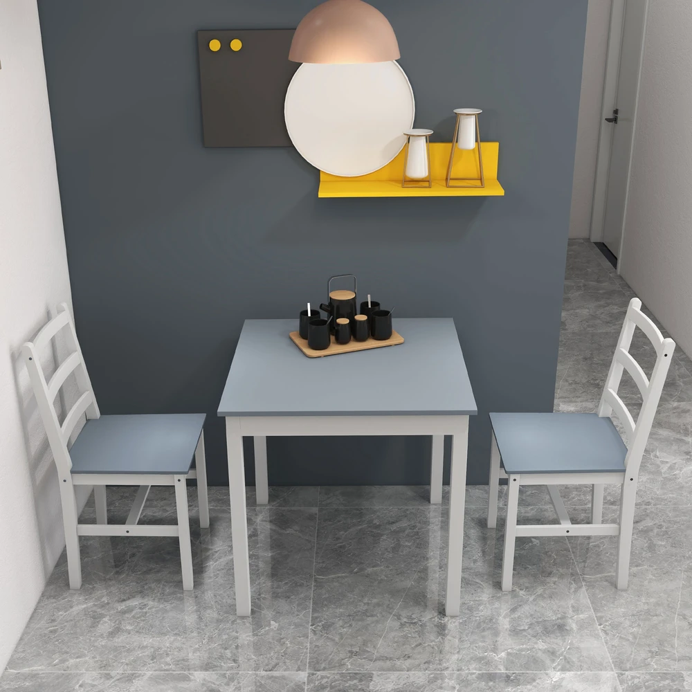 Aosom Valgomojo komplektas 2 asmenims, 3 dalių, 1 stalas, 2 kėdės, pušies mediena, pilka + balta, 75 x 75 x 75 cm