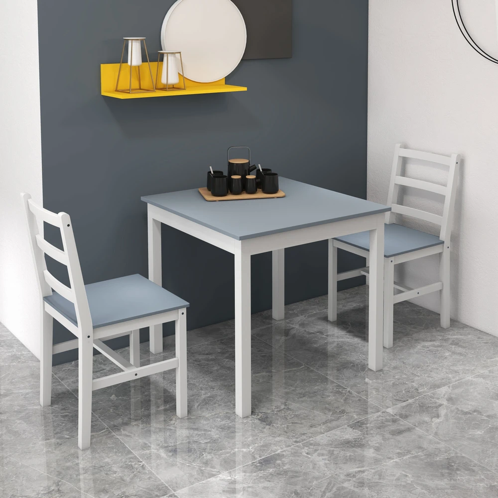Aosom Valgomojo komplektas 2 asmenims, 3 dalių, 1 stalas, 2 kėdės, pušies mediena, pilka + balta, 75 x 75 x 75 cm