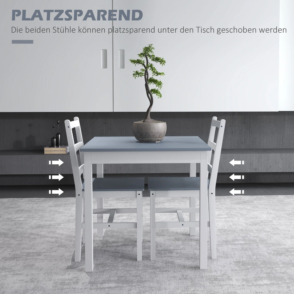 Aosom Valgomojo komplektas 2 asmenims, 3 dalių, 1 stalas, 2 kėdės, pušies mediena, pilka + balta, 75 x 75 x 75 cm