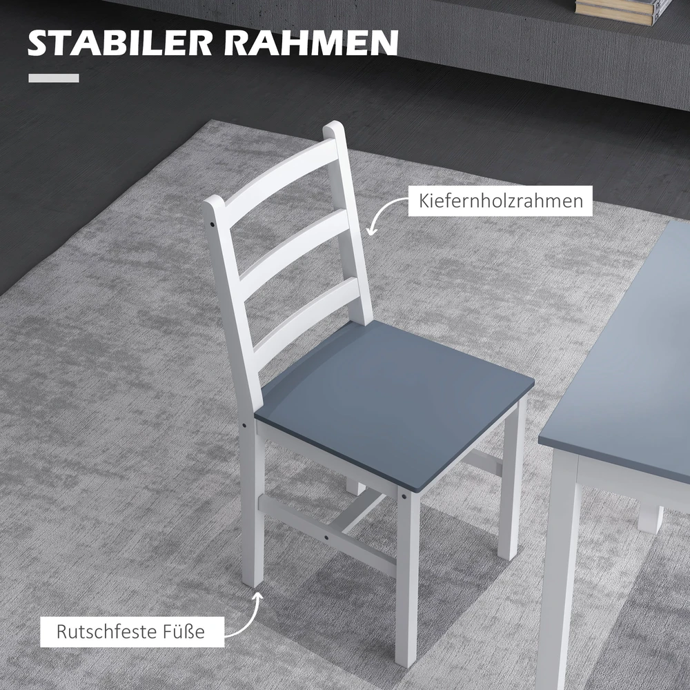 Aosom Valgomojo komplektas 2 asmenims, 3 dalių, 1 stalas, 2 kėdės, pušies mediena, pilka + balta, 75 x 75 x 75 cm