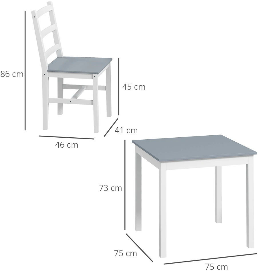 Aosom Valgomojo komplektas 2 asmenims, 3 dalių, 1 stalas, 2 kėdės, pušies mediena, pilka + balta, 75 x 75 x 75 cm