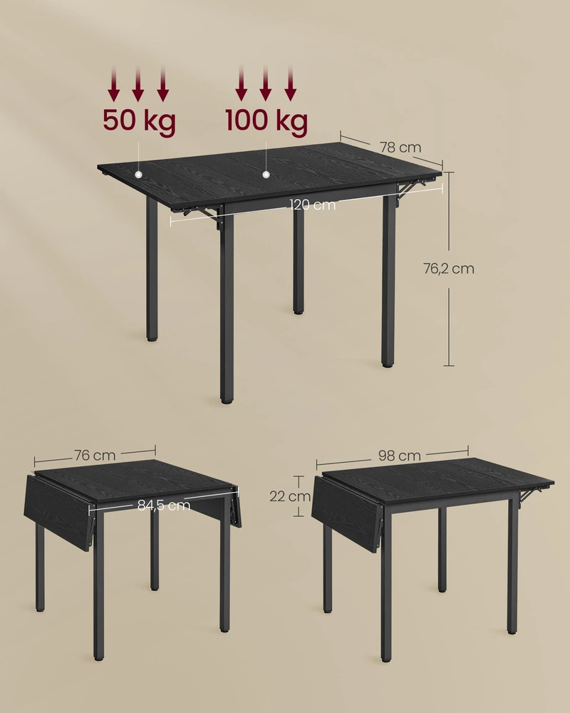 Koduva Valgomojo stalas 2–4 asmenims, sulankstomas, 78 x 120 x 76,2 cm, juodas