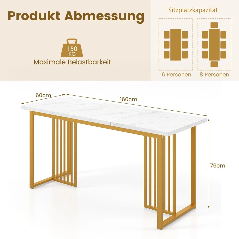 Promotion Valgomojo stalas 6-8 žmonėms, MDF ir metalas, baltas/auksinis, 160 x 60 x 76 cm