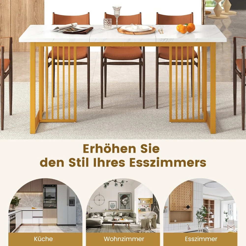 Promotion Valgomojo stalas 6-8 žmonėms, MDF ir metalas, baltas/auksinis, 160 x 60 x 76 cm