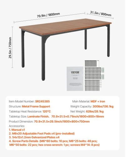 Koduva Valgomojo stalas VEVOR SR245385, rudas, MDF ir geležis, 180 x 80 x 75 cm, 6-8 asmenims