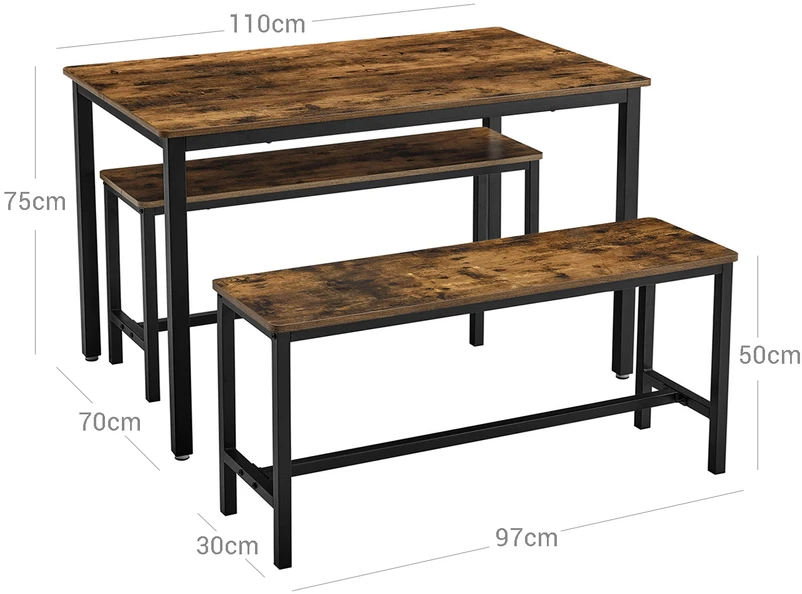 Songmics Valgomojo stalo komplektas su 2 suolais, 110 x 70 x 75 cm, vintage rudos-juodos spalvos