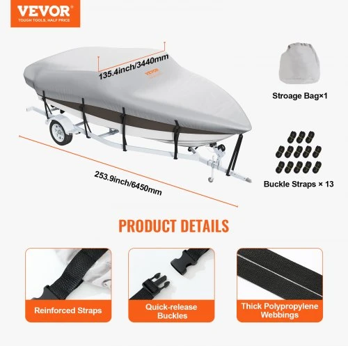 Koduva Valties uždangalas VEVOR, pilkas, 600D Oxford su PU danga, 645 x 344 cm, 518-579 cm valtims