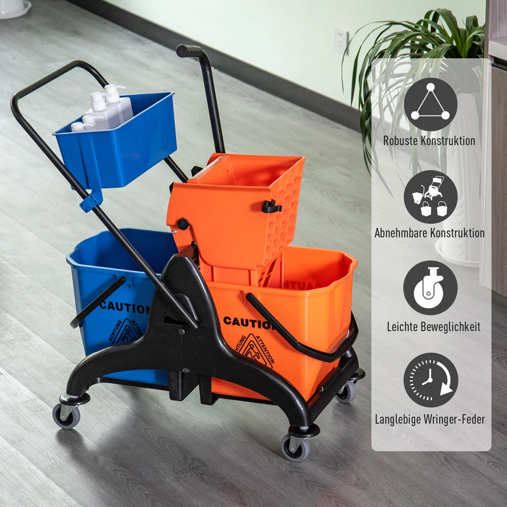 Aosom Valymo vežimėlis su šluostės kibiru, 26 l, plastikas, metalas, oranžinis, 78 x 45 x 95 cm