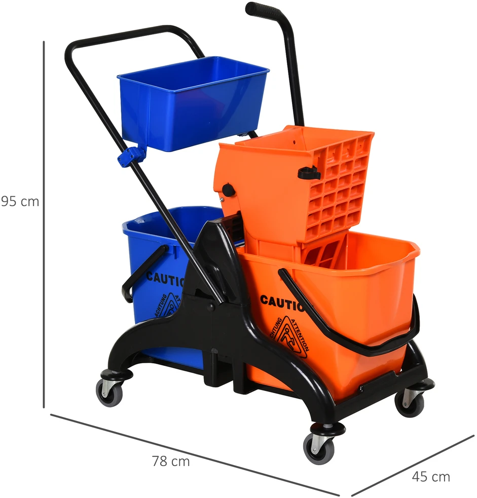 Aosom Valymo vežimėlis su šluostės kibiru, 26 l, plastikas, metalas, oranžinis, 78 x 45 x 95 cm